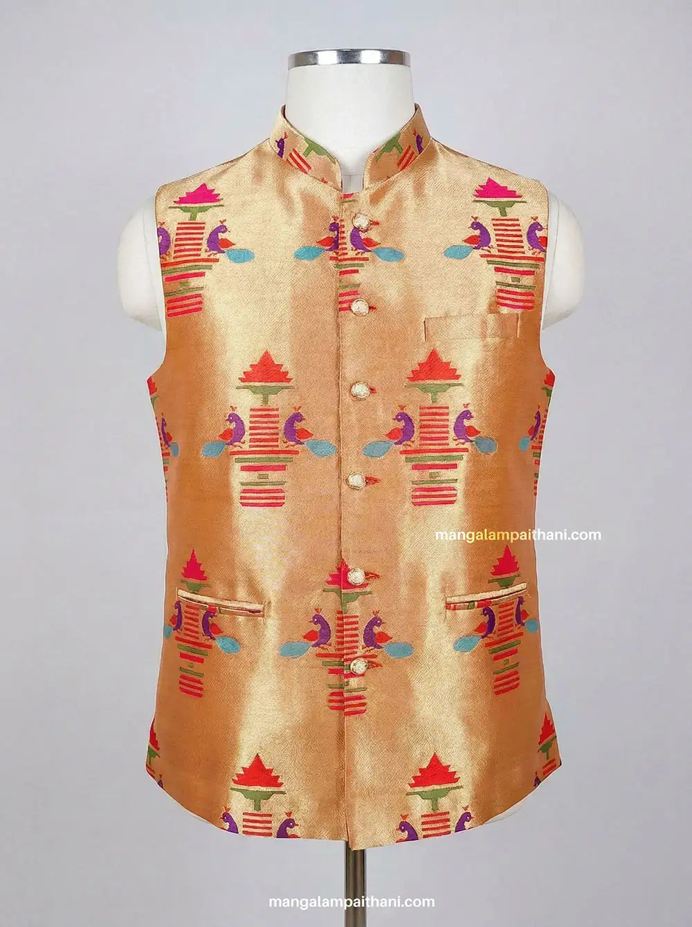 Golden Paithani Nehru Jacket with peacock design