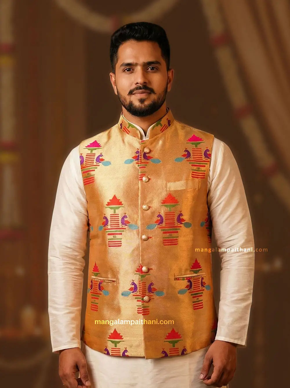 Golden Paithani Nehru Jacket with peacock design