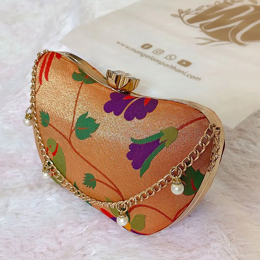 Heart-shaped clutch bag, paithani purse