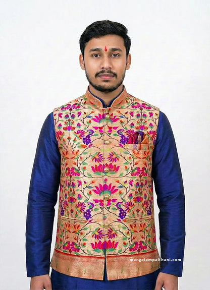 Nehru Jacket for men with peacock design front view mens paithani jacket