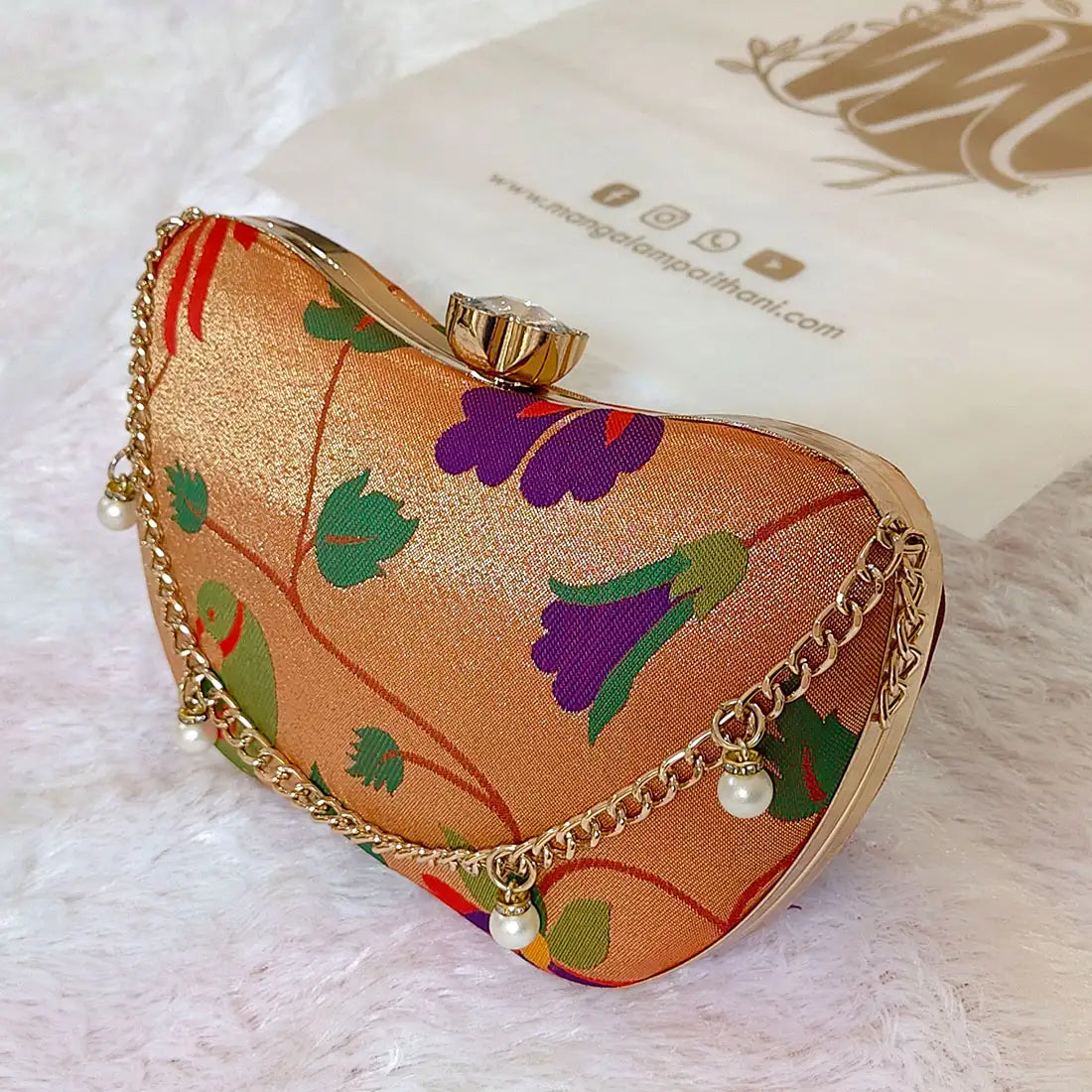 Traditional Paithani Silk Clutch Purse with Chain Handle