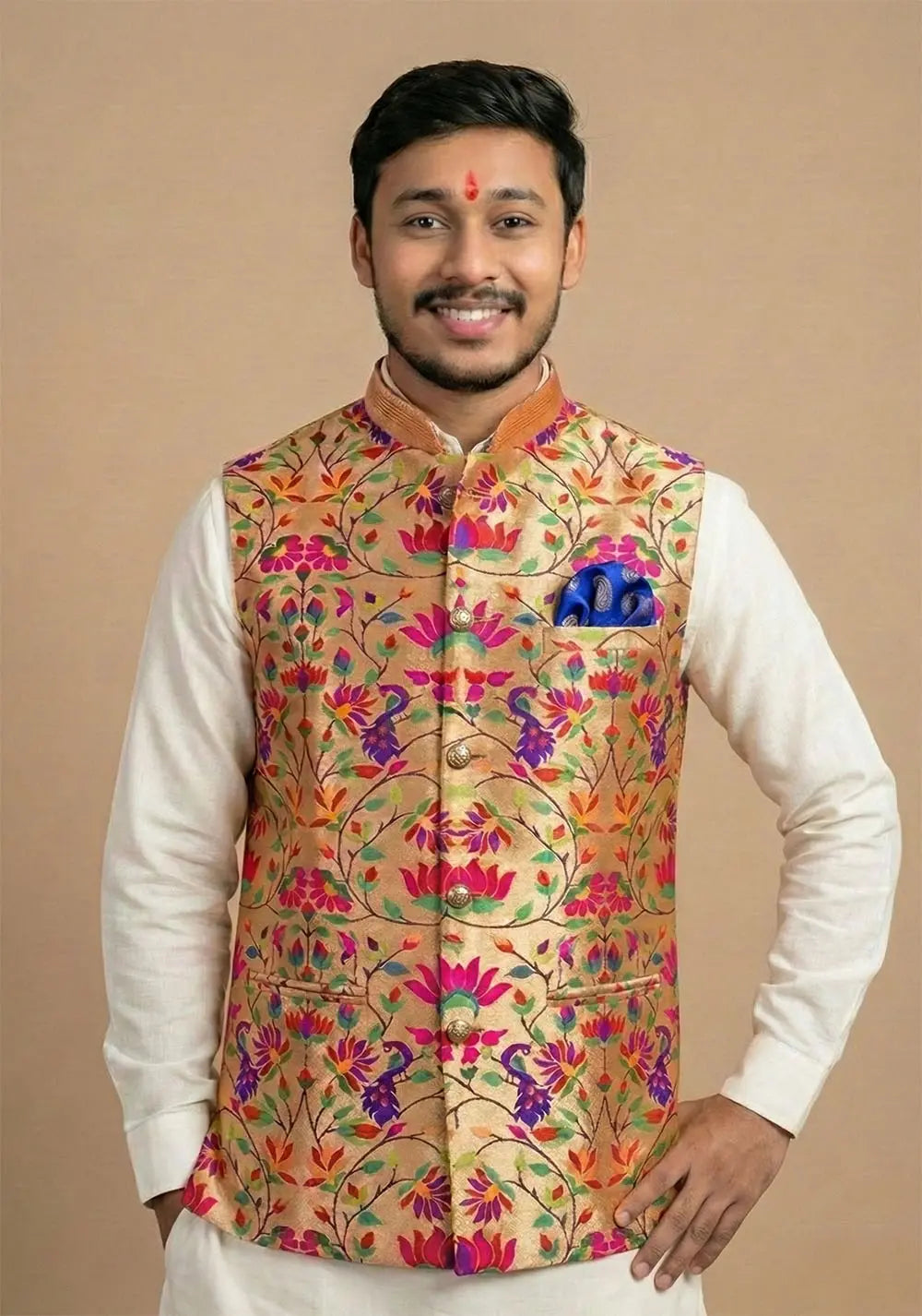 Nehru Jacket for men with peacock design front view mangalam paithani wear mens jacket