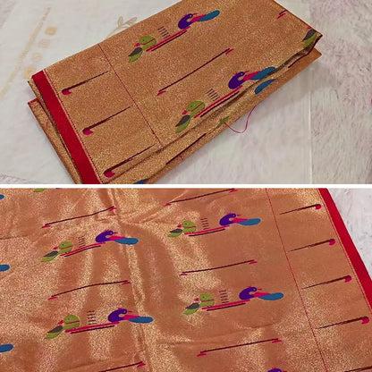 Golden Paithani Peacock Blouse Piece - Pink Base