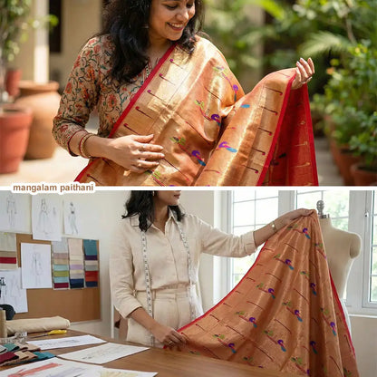 Golden Paithani Peacock Blouse Piece - Pink Base