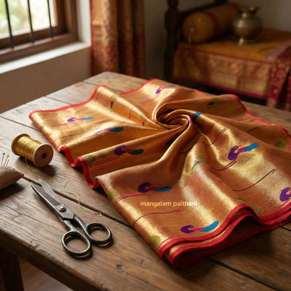 Golden Paithani Peacock Blouse Piece - Pink Base