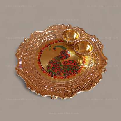 Decorative Golden Pooja Thali with Peacock Design & 2 Diyas (Pack Of 3)