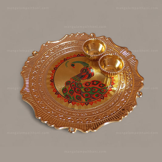 Decorative Golden Pooja Thali with Peacock Design & 2 Diyas (Pack Of 3)