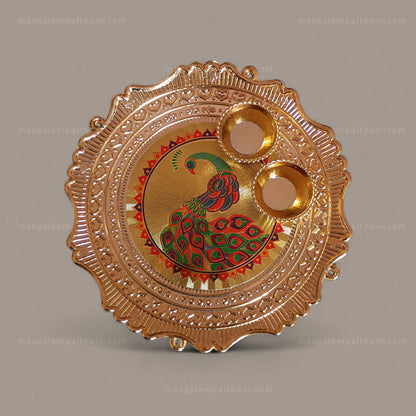 Decorative Golden Pooja Thali with Peacock Design & 2 Diyas (Pack Of 3)