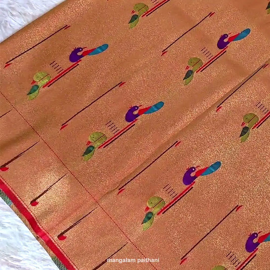 Golden Paithani Peacock Blouse Piece - Red Base