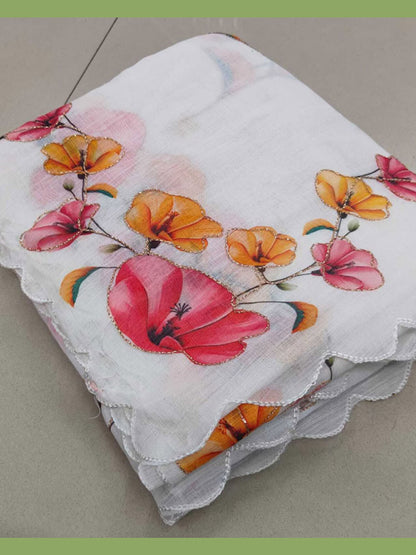 Elegant White Floral Print Georgette Saree (Pack Of 2)