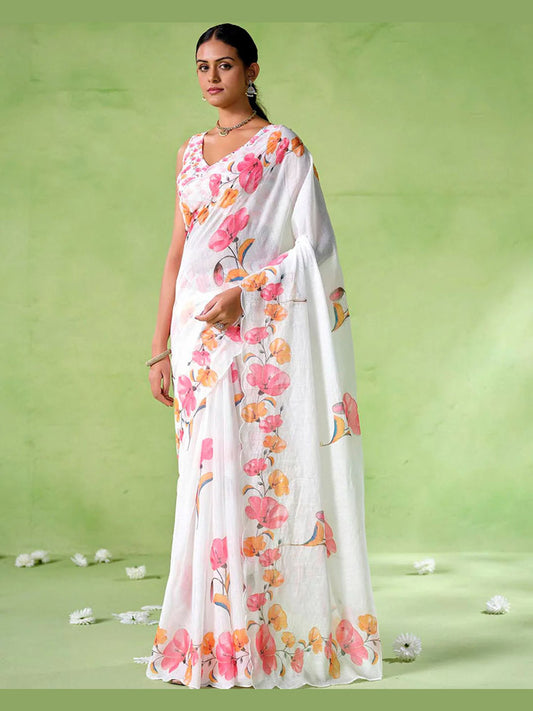 linen cotton white saree
