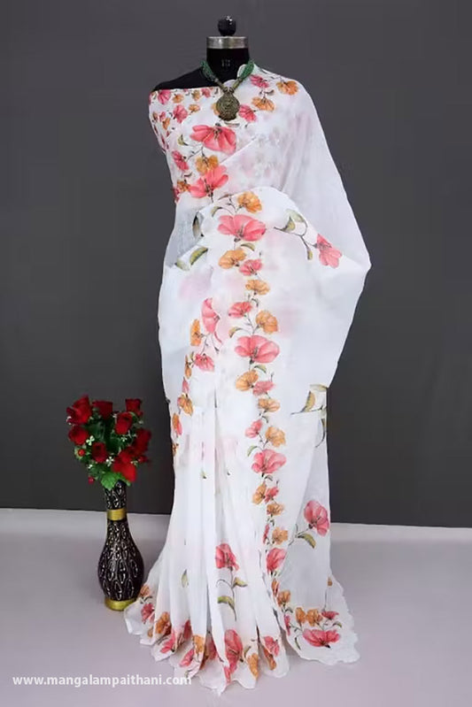 White saree with floral patterns